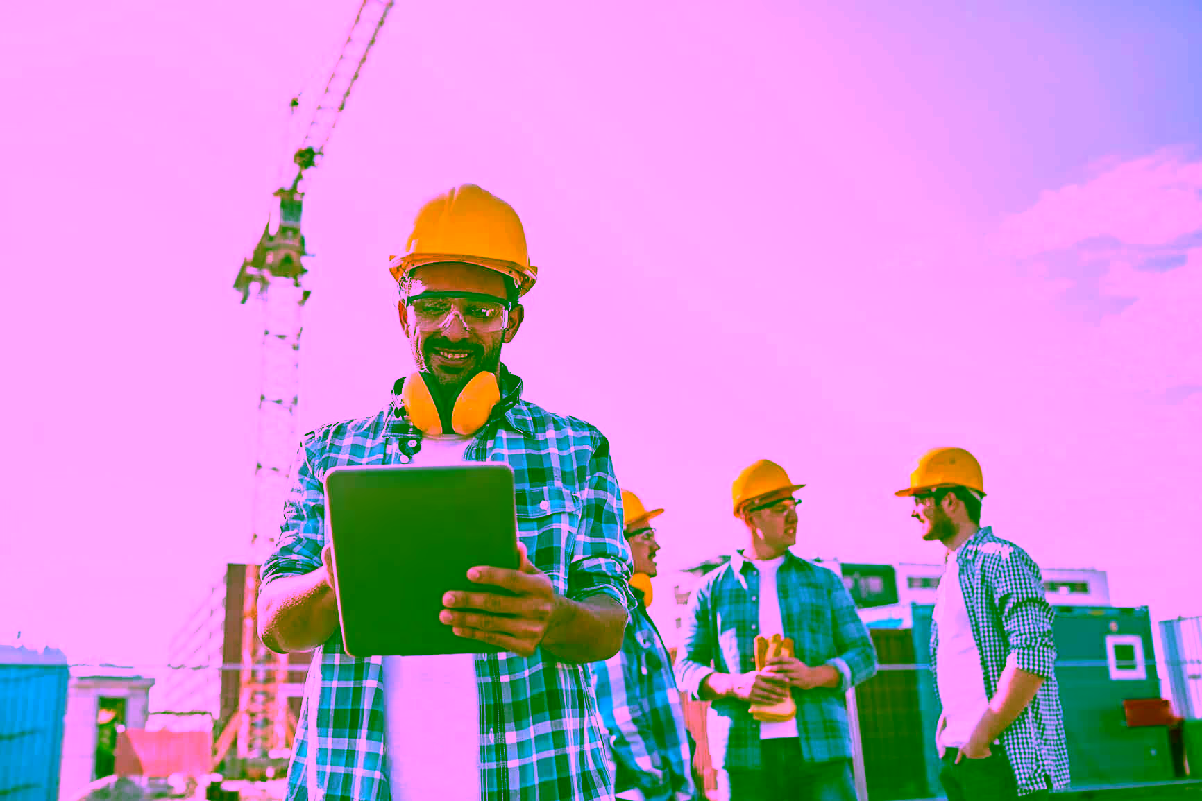 Construction team using a tablet on site